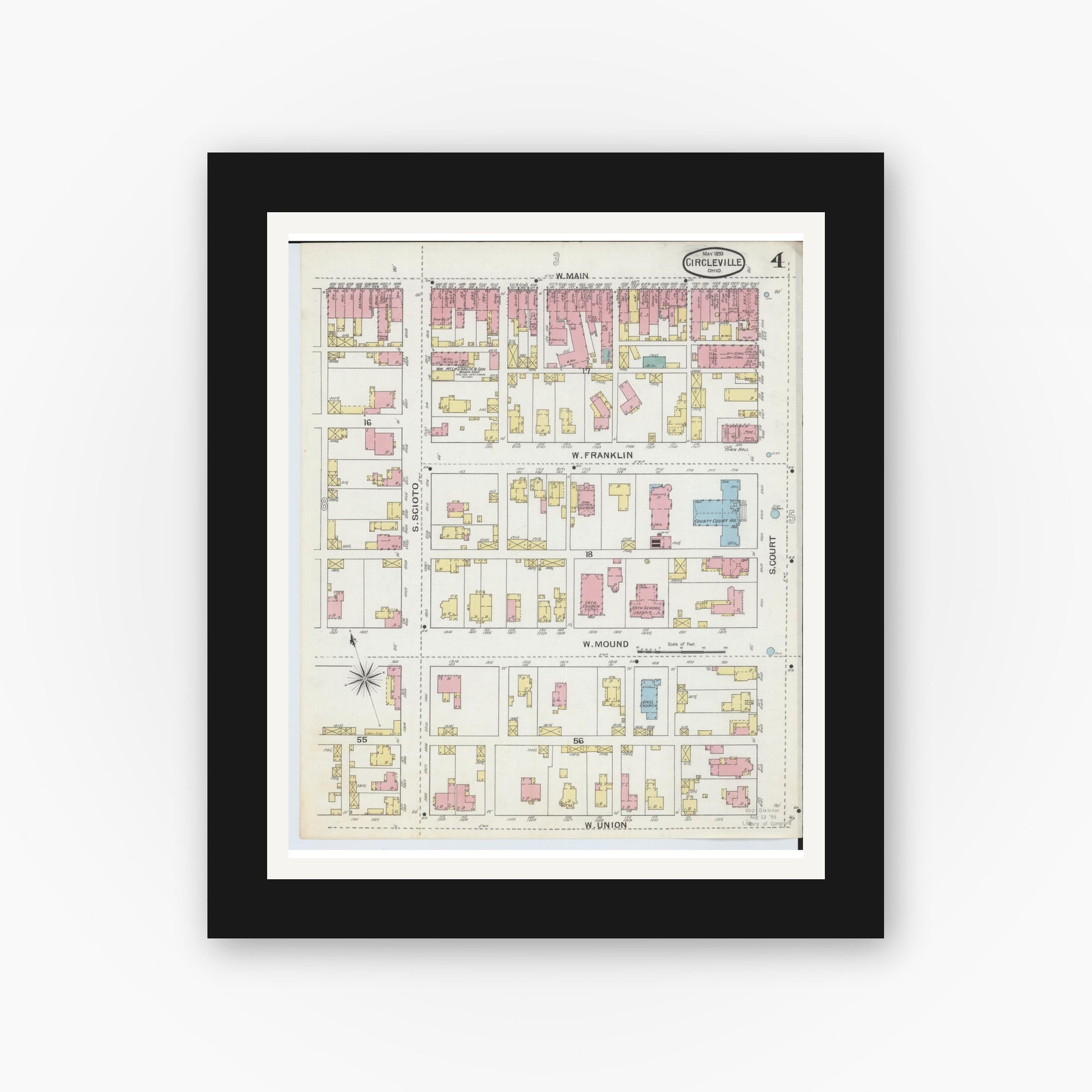 Old map wall art mockup — black gallery frame with white mat — Sanborn Fire Insurance Map from Circleville, Pickaway County, Ohio (1893), Sheet #0004