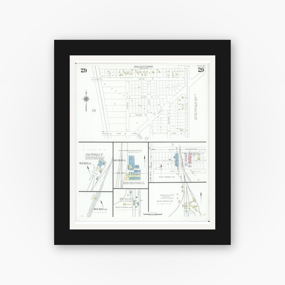 Old map wall art mockup — black gallery frame with white mat — Sanborn Fire Insurance Map from Beloit, Rock County, Wisconsin (1939), Sheet #0029