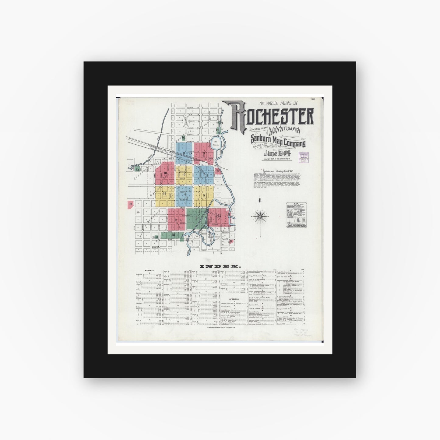 Old map wall art mockup — black gallery frame with white mat — Sanborn Fire Insurance Map from Rochester, Olmsted County, Minnesota (1904) - Complete Map Set