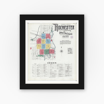 Old map wall art mockup — black gallery frame with white mat — Sanborn Fire Insurance Map from Rochester, Olmsted County, Minnesota (1904) - Complete Map Set