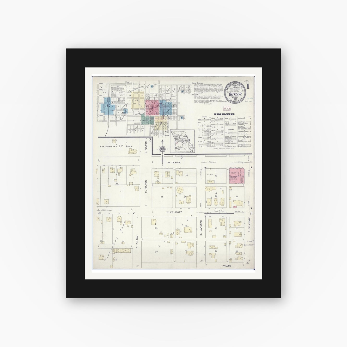 Old map wall art mockup — black gallery frame with white mat — Sanborn Fire Insurance Map from Butler, Bates County, Missouri (1914) - Complete Map Set