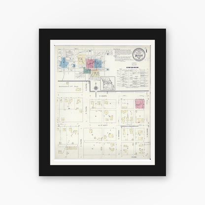 Old map wall art mockup — black gallery frame with white mat — Sanborn Fire Insurance Map from Butler, Bates County, Missouri (1914) - Complete Map Set