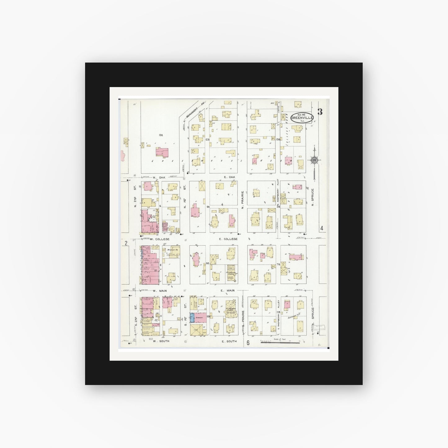 Old map wall art mockup — black gallery frame with white mat — Sanborn Fire Insurance Map from Greenville, Bond County, Illinois (1912), Sheet #0003