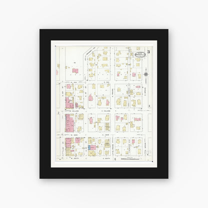 Old map wall art mockup — black gallery frame with white mat — Sanborn Fire Insurance Map from Greenville, Bond County, Illinois (1912), Sheet #0003
