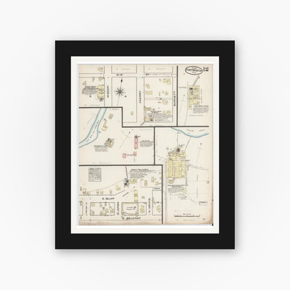 Old map wall art mockup — black gallery frame with white mat — Sanborn Fire Insurance Map from Fort Worth, Tarrant County, Texas (1885), Sheet #0012