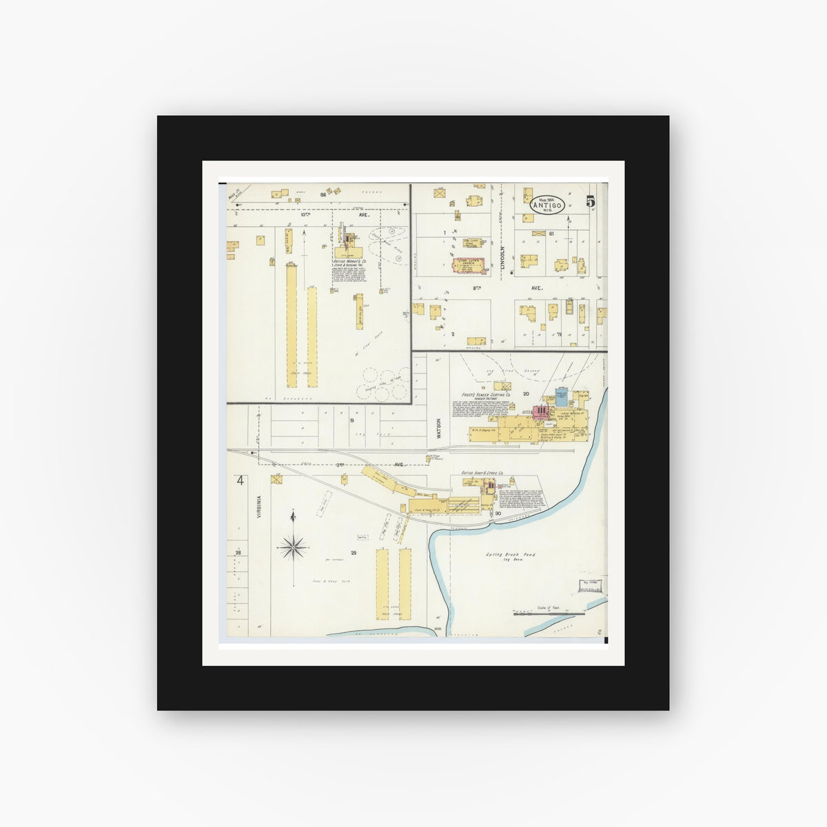 Old map wall art mockup — black gallery frame with white mat — Sanborn Fire Insurance Map from Antigo, Langlade County, Wisconsin (1904), Sheet #0005