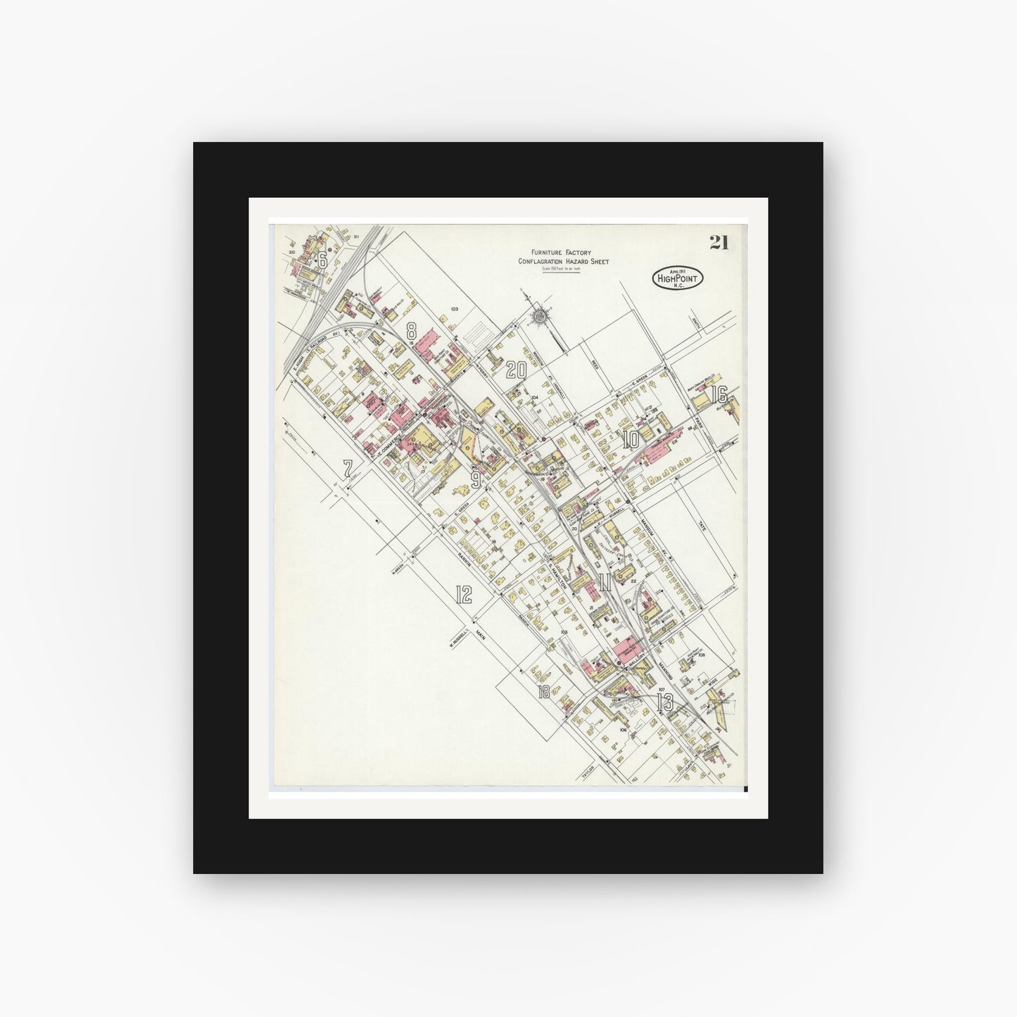 Old map wall art mockup — black gallery frame with white mat — Sanborn Fire Insurance Map from High Point, Guilford County, North Carolina (1911), Sheet #0021