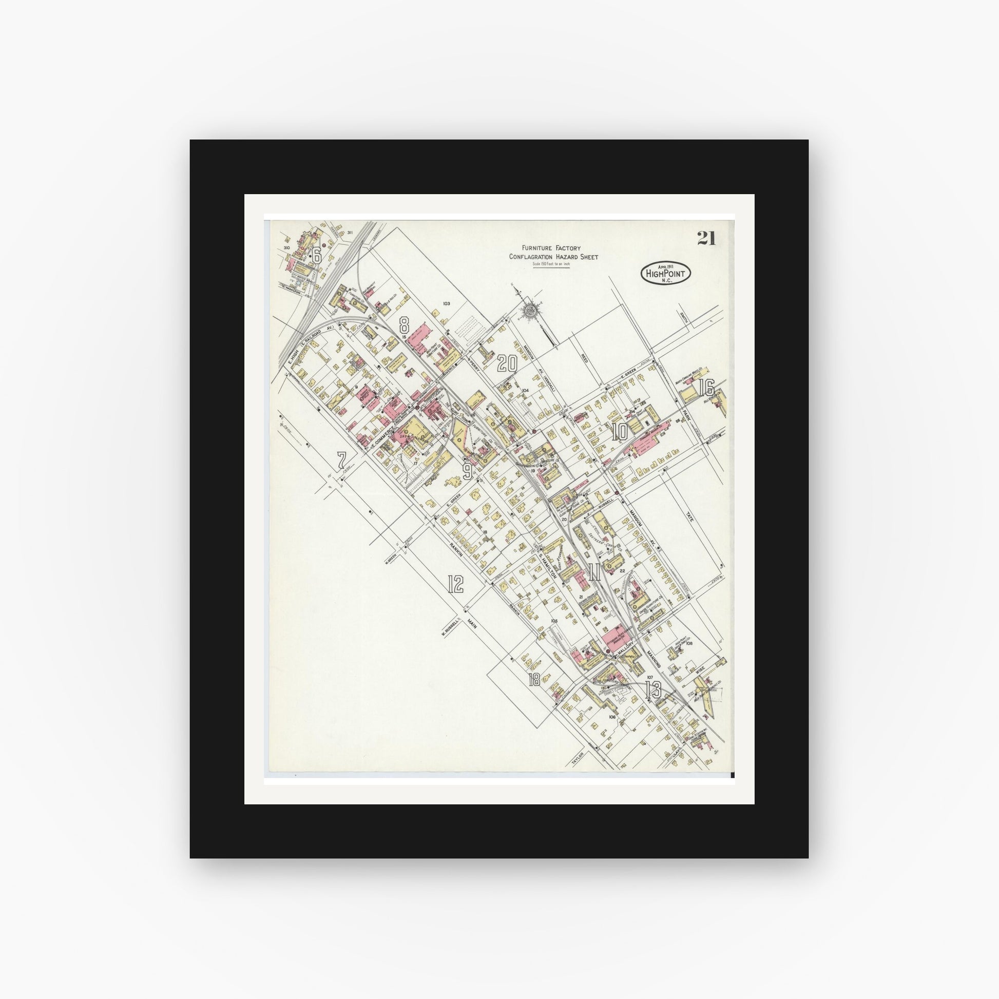 Old map wall art mockup — black gallery frame with white mat — Sanborn Fire Insurance Map from High Point, Guilford County, North Carolina (1911), Sheet #0021