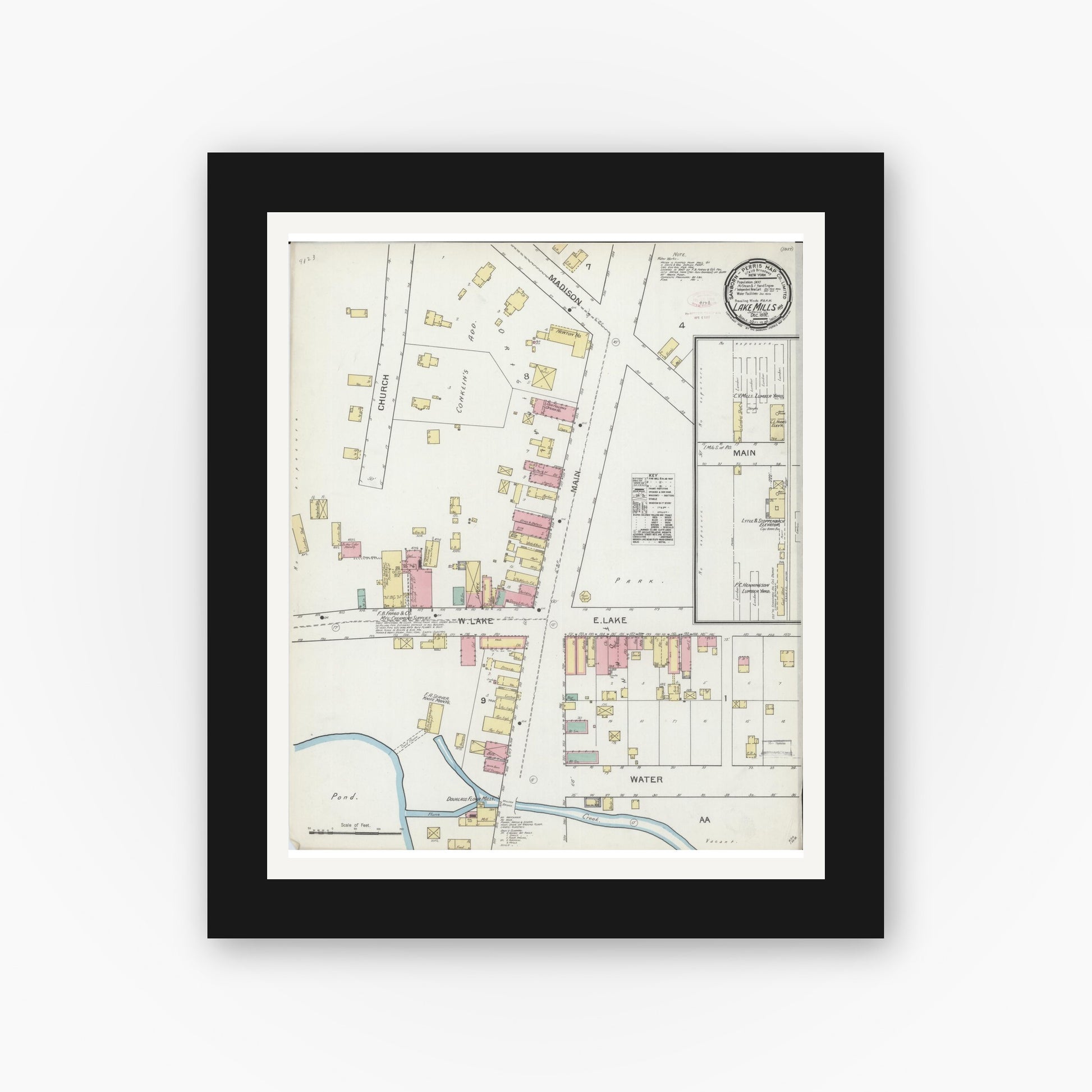 Old map wall art mockup — black gallery frame with white mat — Sanborn Fire Insurance Map from Lake Mills, Jefferson County, Wisconsin (1892), Sheet #0001