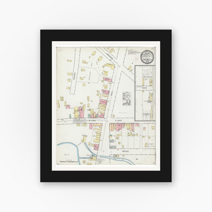 Old map wall art mockup — black gallery frame with white mat — Sanborn Fire Insurance Map from Lake Mills, Jefferson County, Wisconsin (1892), Sheet #0001
