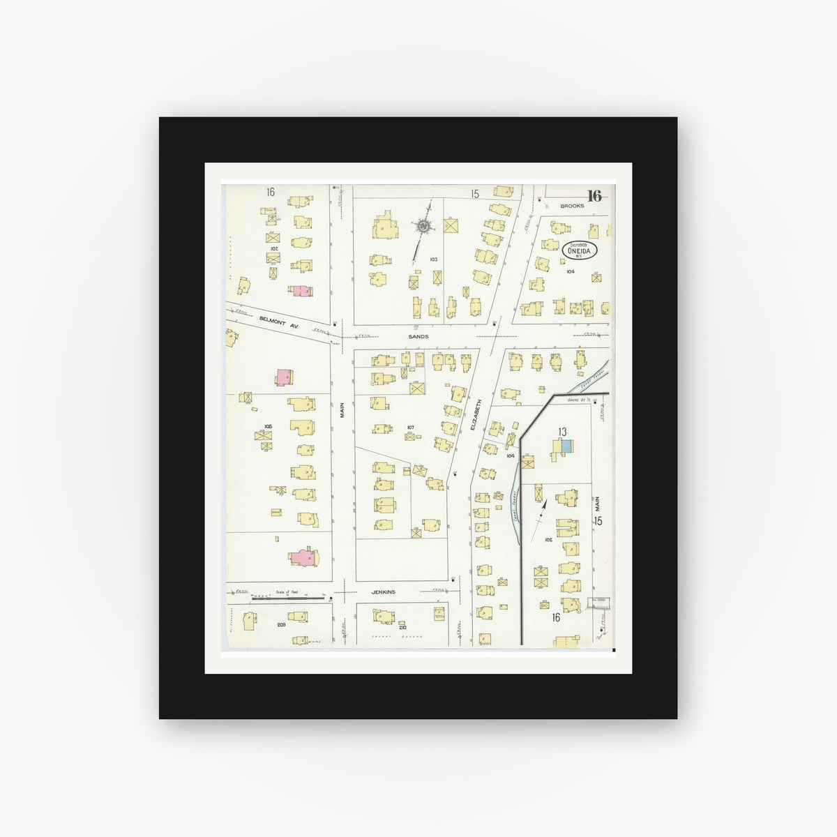 Old map wall art mockup — black gallery frame with white mat — Sanborn Fire Insurance Map from Oneida, Madison County, New York (1909), Sheet #0016