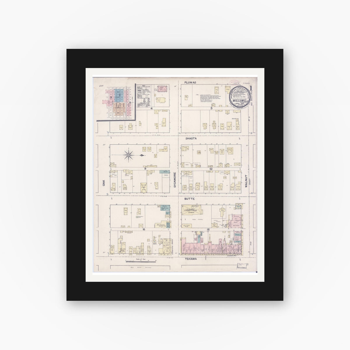 Old map wall art mockup — black gallery frame with white mat — Sanborn Fire Insurance Map from Willows, Glenn County, California (1889) - Complete Map Set