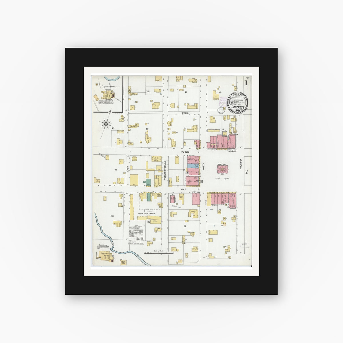 Old map wall art mockup — black gallery frame with white mat — Sanborn Fire Insurance Map from Crockett, Houston County, Texas (1901), Sheet #0001
