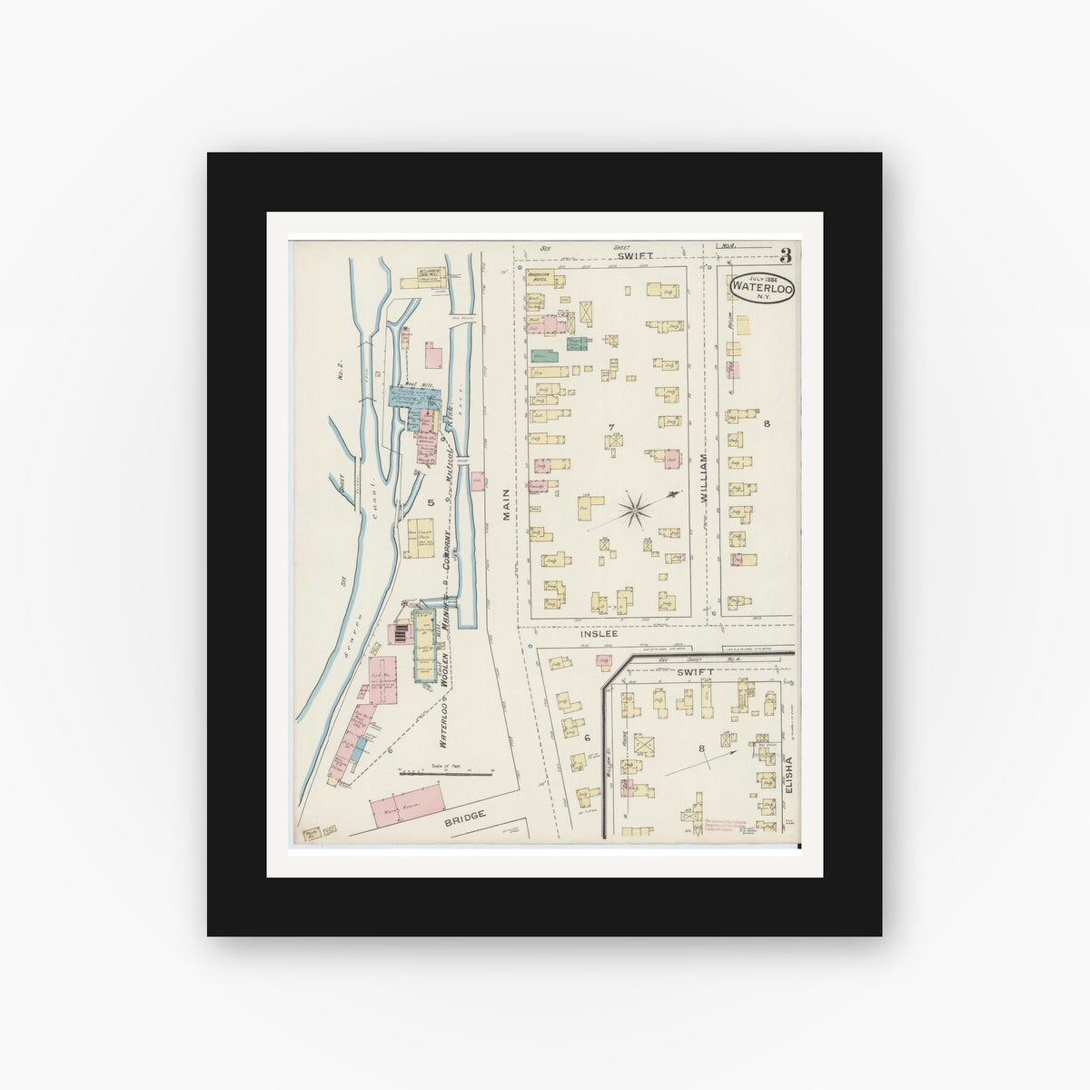 Old map wall art mockup — black gallery frame with white mat — Sanborn Fire Insurance Map from Waterloo, Seneca County, New York (1886), Sheet #0003