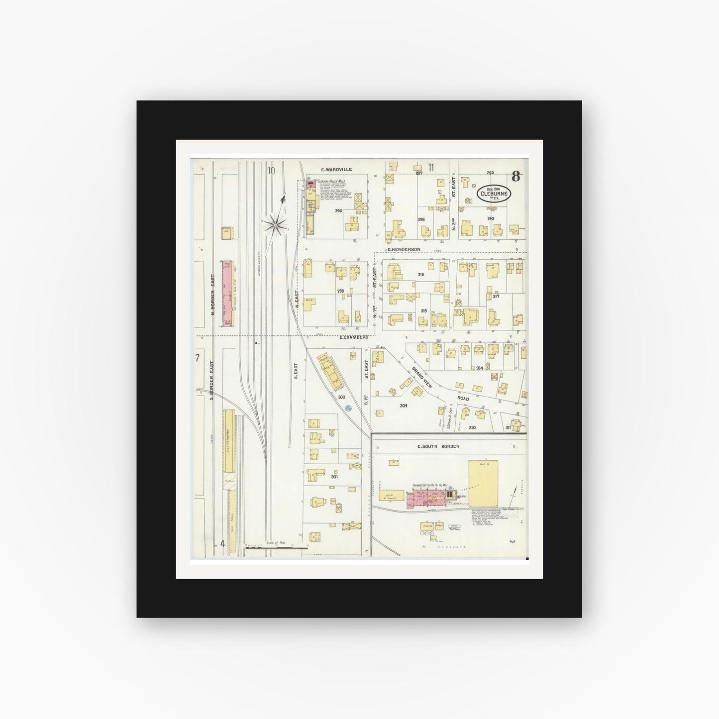 Old map wall art mockup — black gallery frame with white mat — Sanborn Fire Insurance Map from Cleburne, Johnson County, Texas (1904), Sheet #0008
