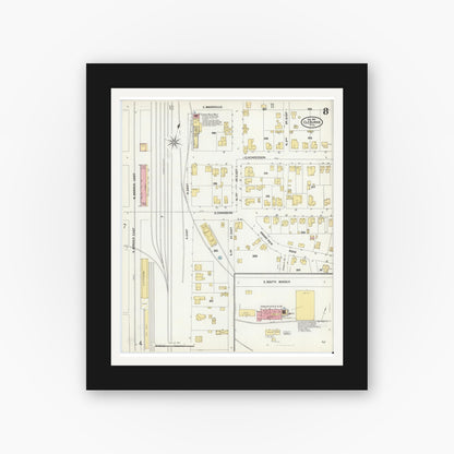 Old map wall art mockup — black gallery frame with white mat — Sanborn Fire Insurance Map from Cleburne, Johnson County, Texas (1904), Sheet #0008