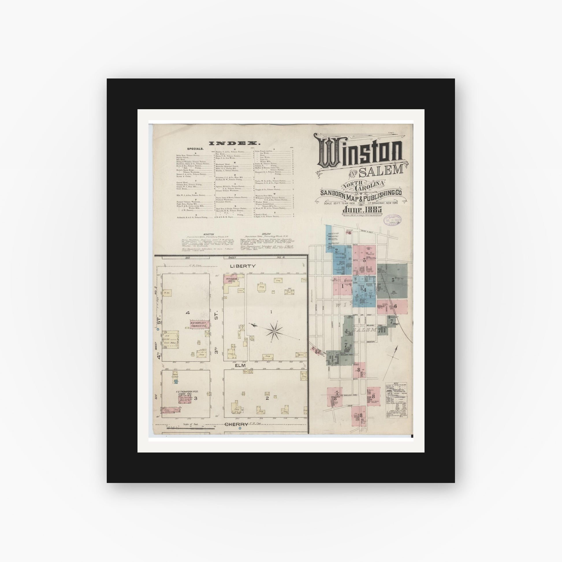 Old map wall art mockup — black gallery frame with white mat — Sanborn Fire Insurance Map from Winston-Salem, Forsyth County, North Carolina (1885), Sheet #0001