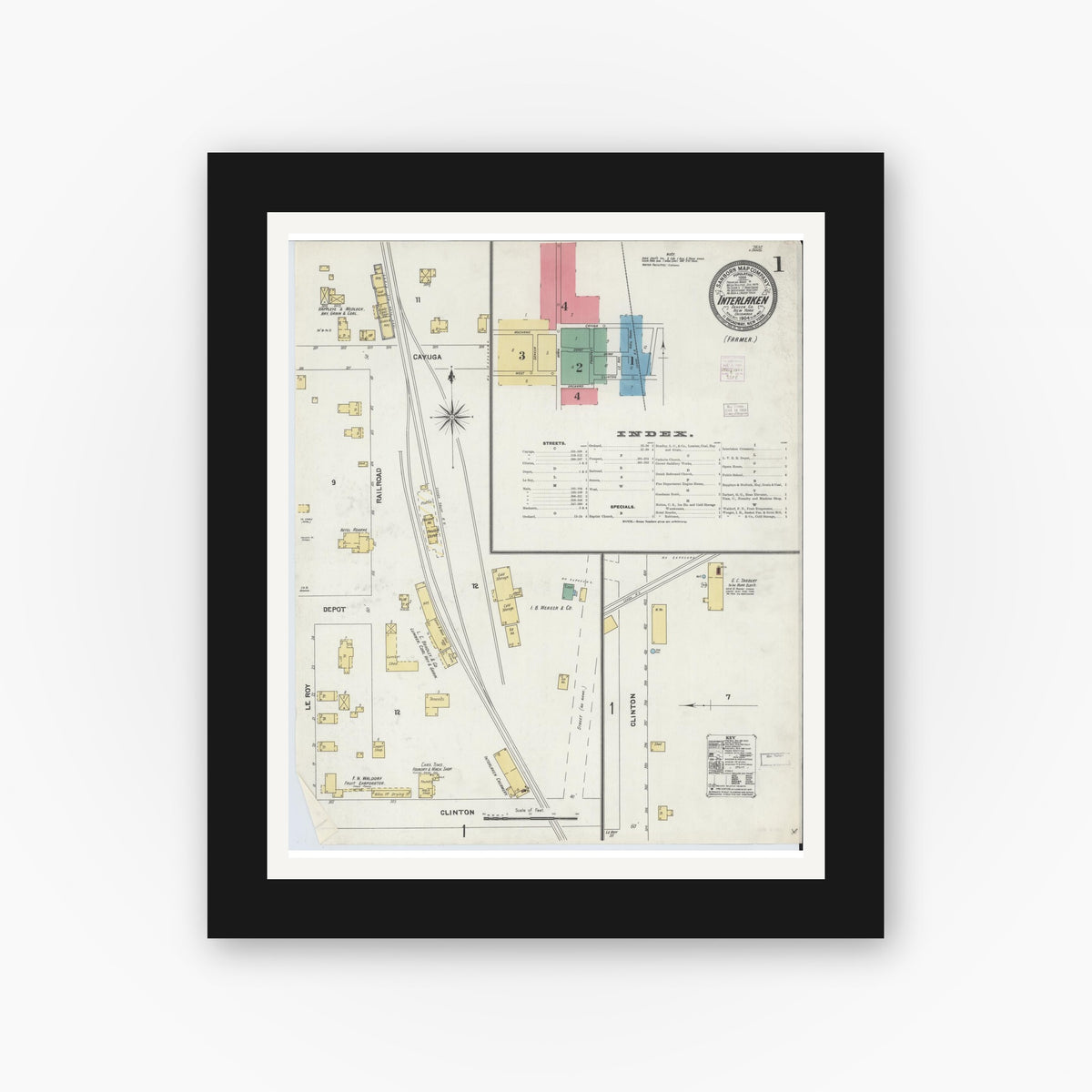 Old map wall art mockup — black gallery frame with white mat — Sanborn Fire Insurance Map from Interlaken, Seneca County, New York (1904), Sheet #0001