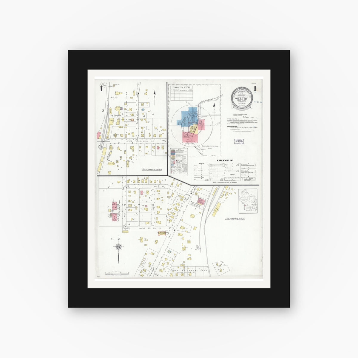 Old map wall art mockup — black gallery frame with white mat — Sanborn Fire Insurance Map from Westby, Vernon County, Wisconsin (1938) - Complete Map Set
