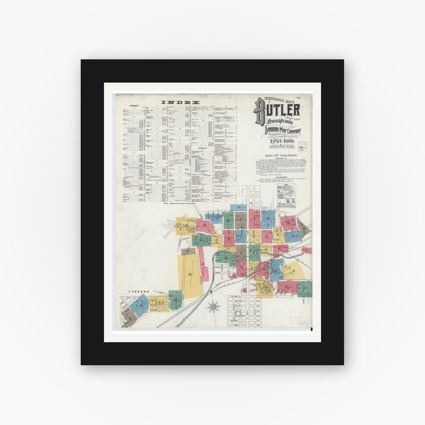 Old map wall art mockup — black gallery frame with white mat — Sanborn Fire Insurance Map from Butler, Butler County, Pennsylvania (1906) - Complete Map Set