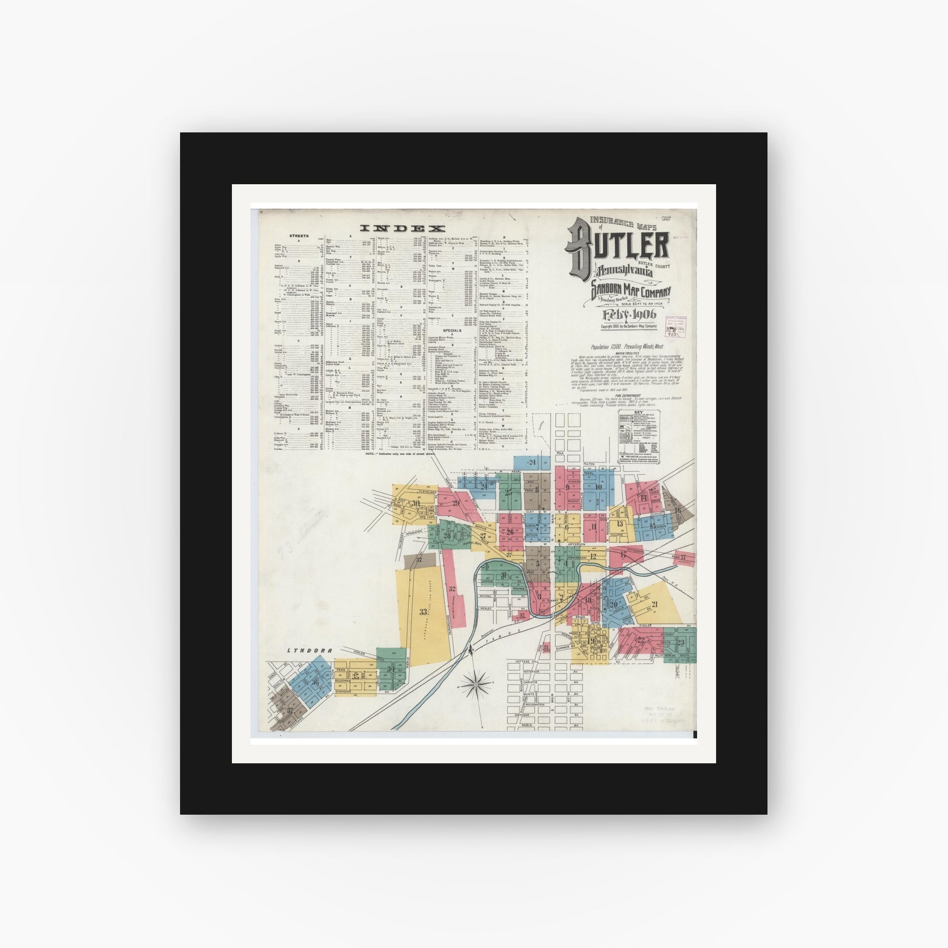 Old map wall art mockup — black gallery frame with white mat — Sanborn Fire Insurance Map from Butler, Butler County, Pennsylvania (1906) - Complete Map Set