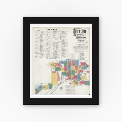 Old map wall art mockup — black gallery frame with white mat — Sanborn Fire Insurance Map from Butler, Butler County, Pennsylvania (1906) - Complete Map Set