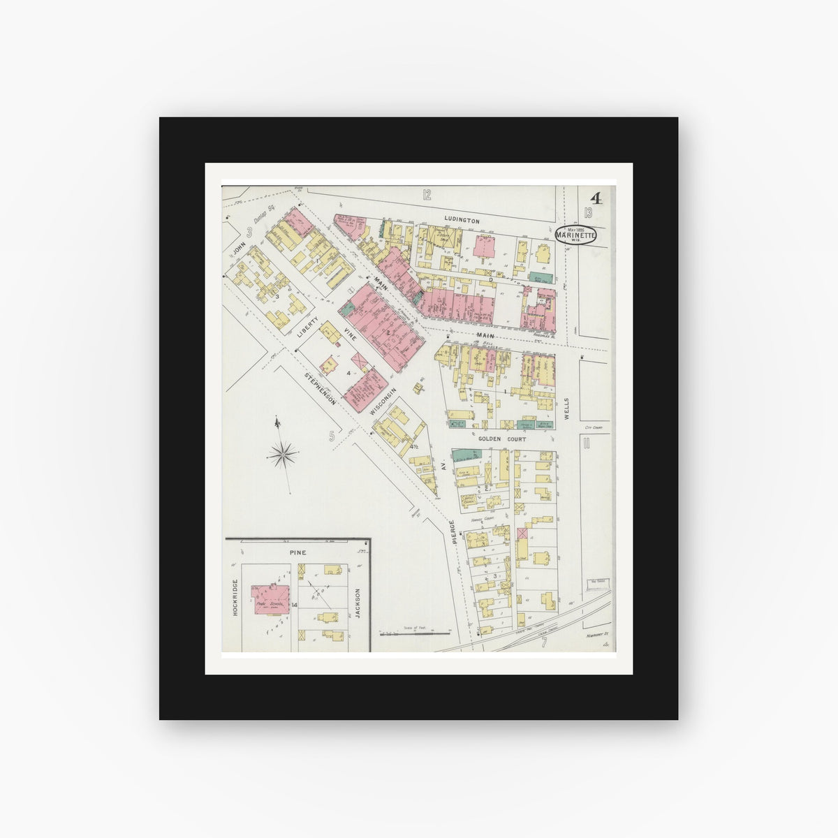 Old map wall art mockup — black gallery frame with white mat — Sanborn Fire Insurance Map from Marinette, Marinette County, Wisconsin (1895), Sheet #0004