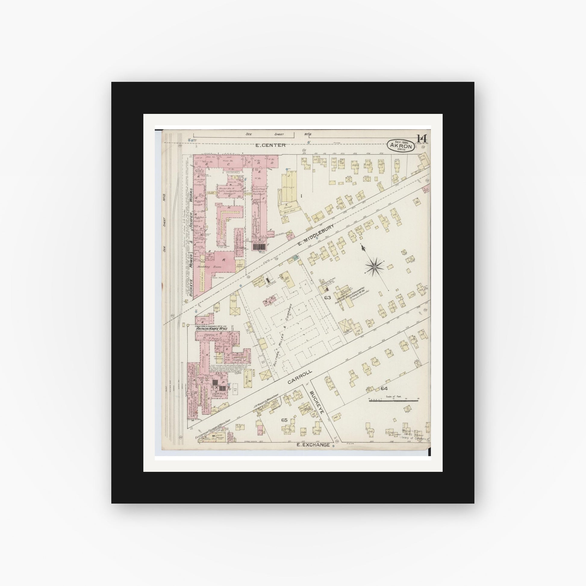 Old map wall art mockup — black gallery frame with white mat — Sanborn Fire Insurance Map from Akron, Summit County, Ohio (1886), Sheet #0014