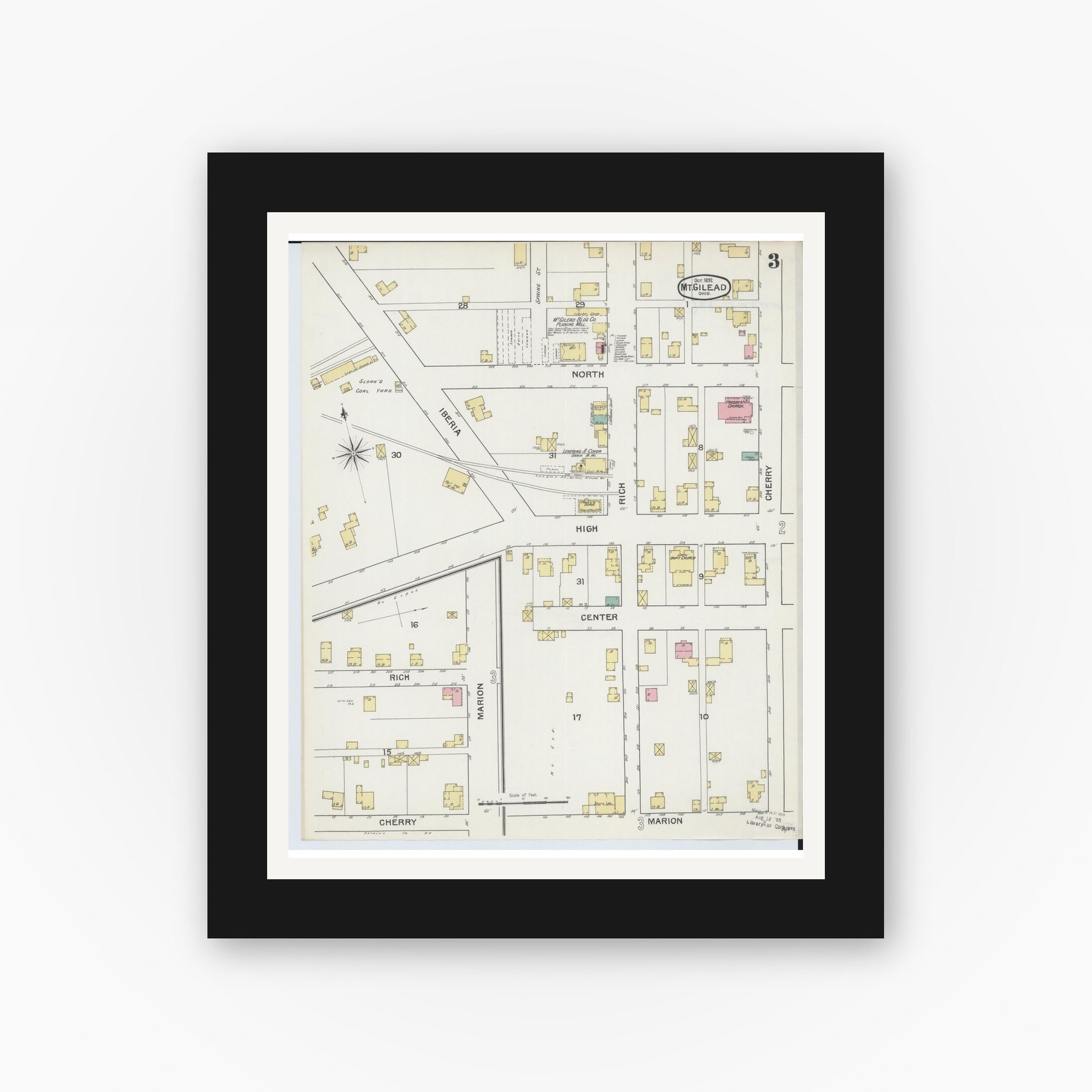 Old map wall art mockup — black gallery frame with white mat — Sanborn Fire Insurance Map from Mount Gilead, Morrow County, Ohio (1892), Sheet #0003