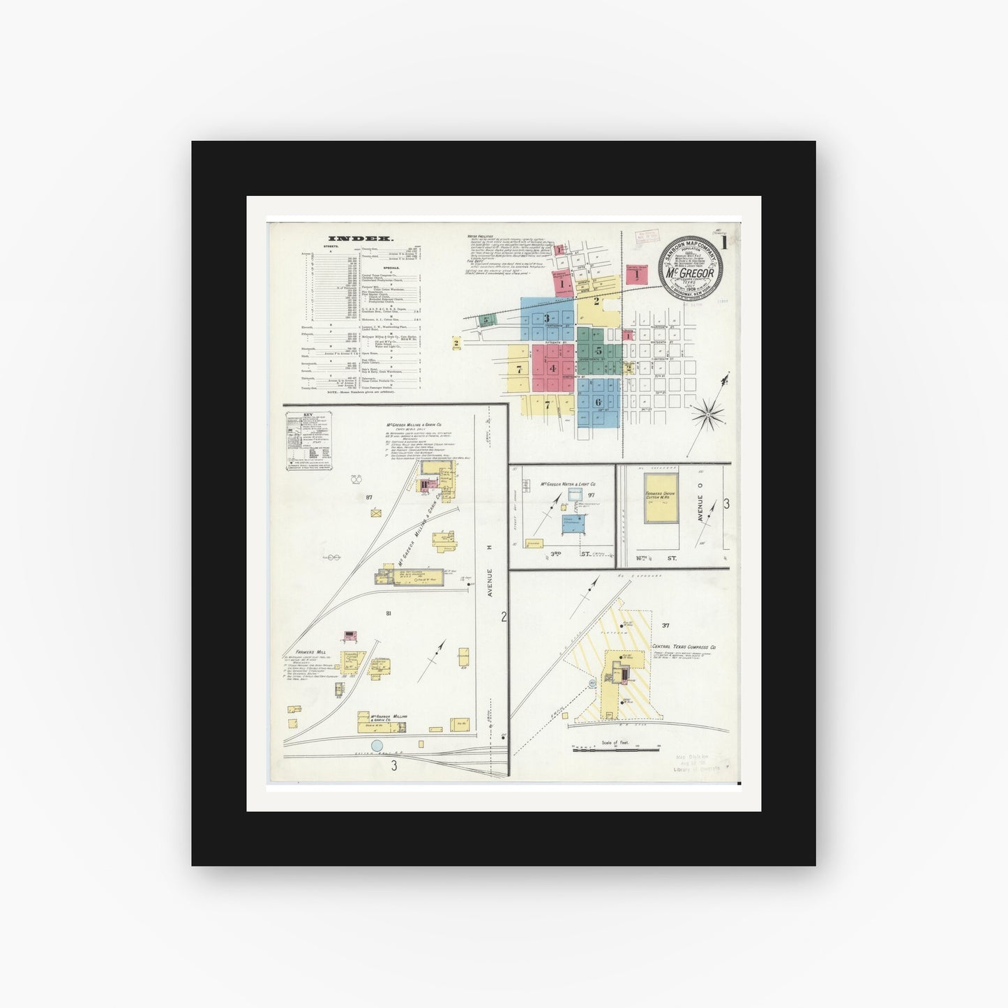 Old map wall art mockup — black gallery frame with white mat — Sanborn Fire Insurance Map from McGregor, McLennan County, Texas (1909) - Complete Map Set