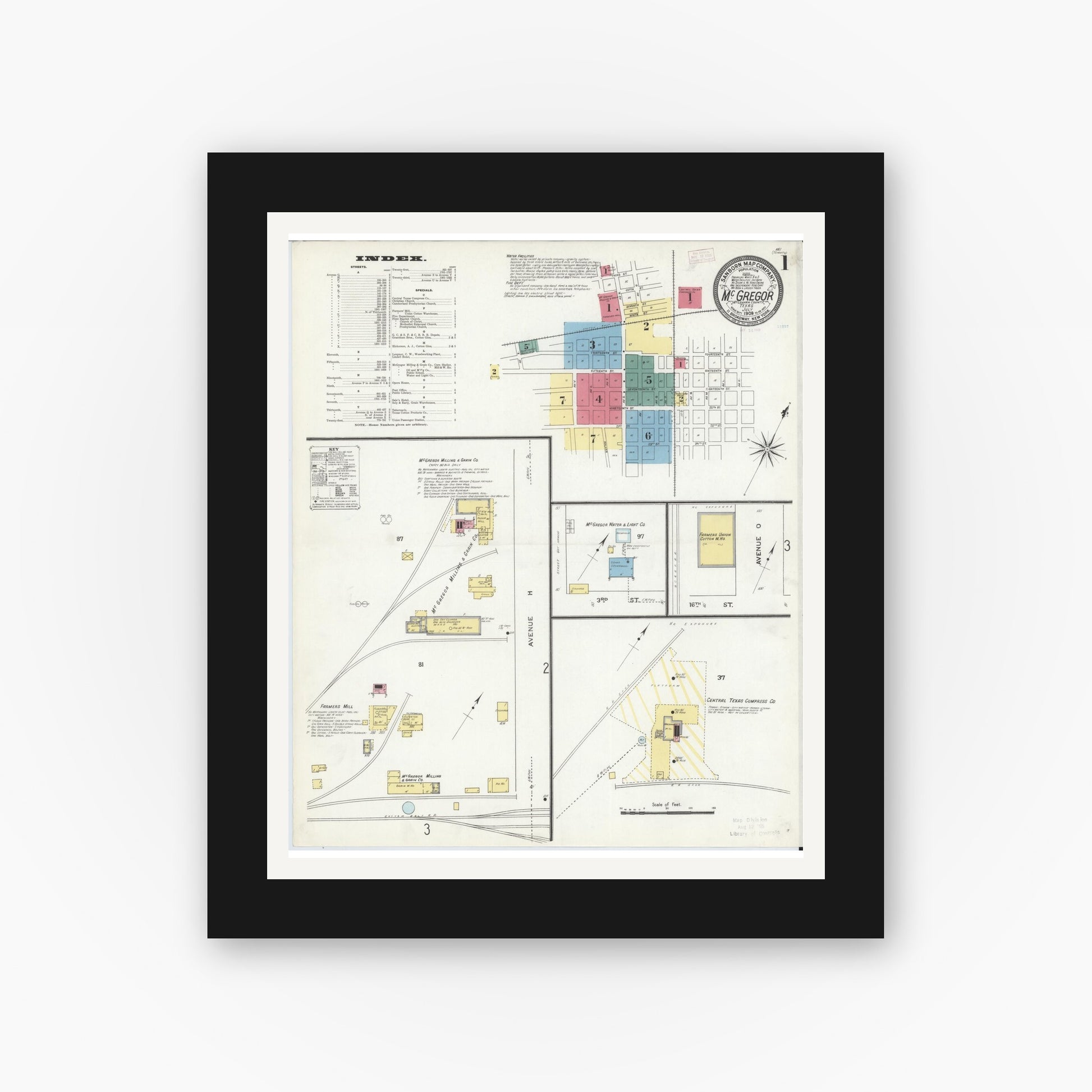 Old map wall art mockup — black gallery frame with white mat — Sanborn Fire Insurance Map from McGregor, McLennan County, Texas (1909) - Complete Map Set