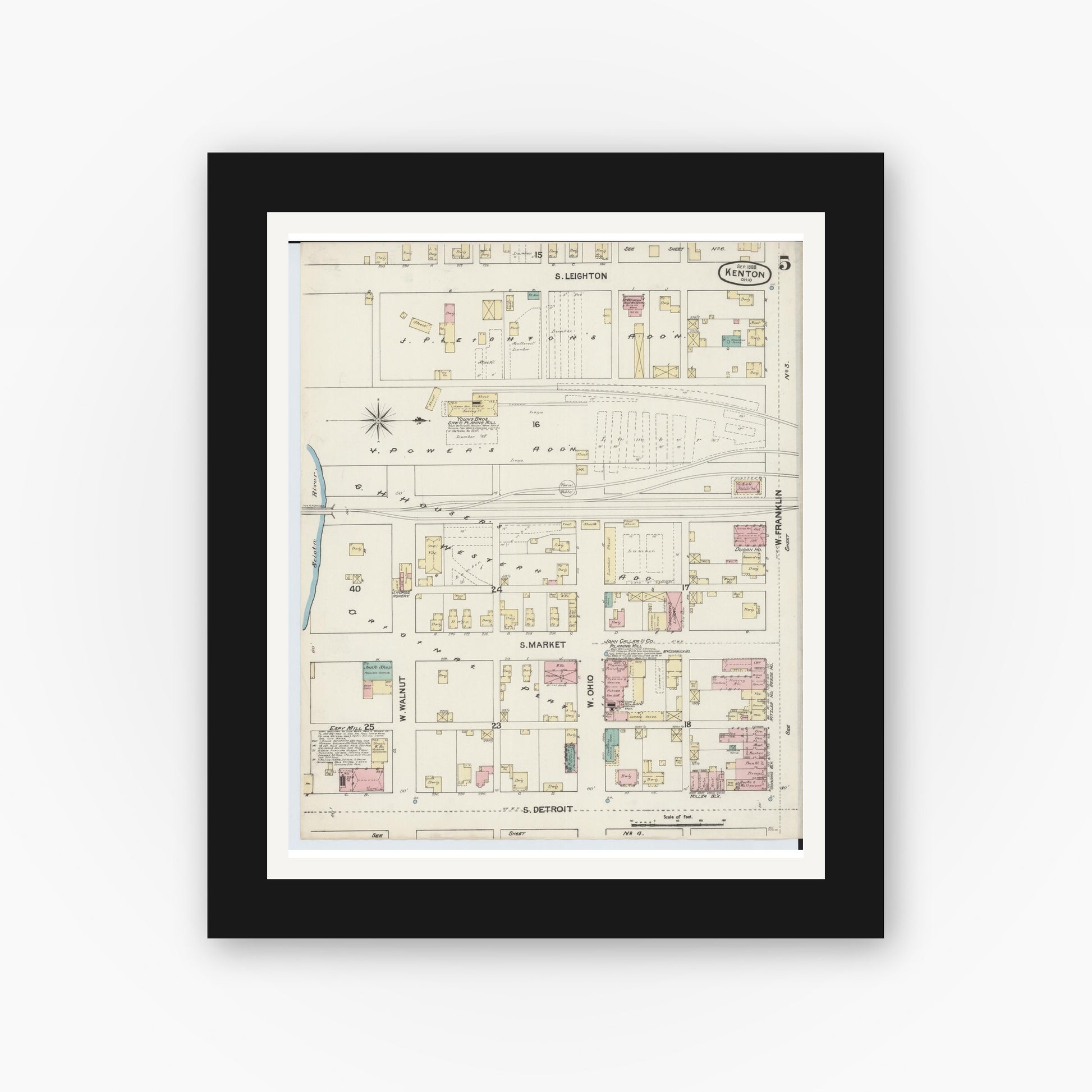 Old map wall art mockup — black gallery frame with white mat — Sanborn Fire Insurance Map from Kenton, Hardin County, Ohio (1888), Sheet #0005