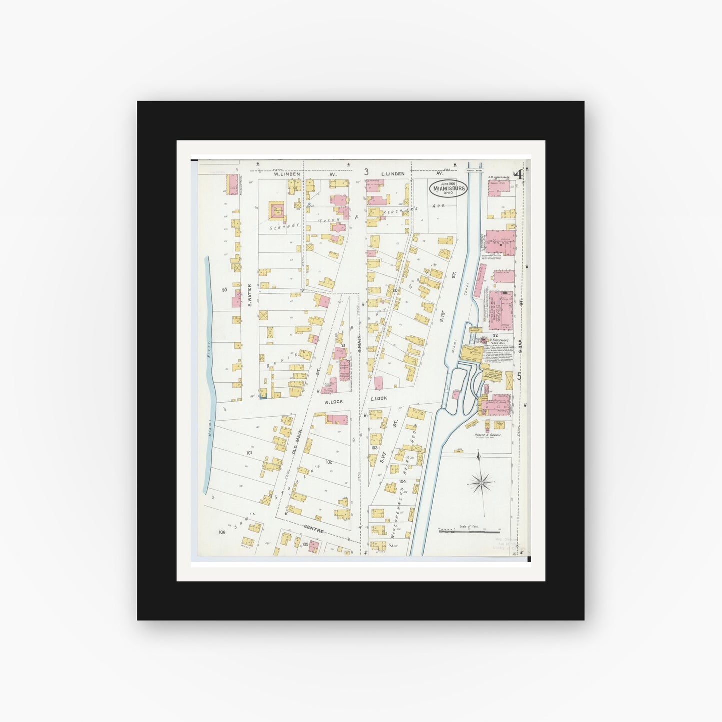 Old map wall art mockup — black gallery frame with white mat — Sanborn Fire Insurance Map from Miamisburg, Montgomery County, Ohio (1905), Sheet #0004