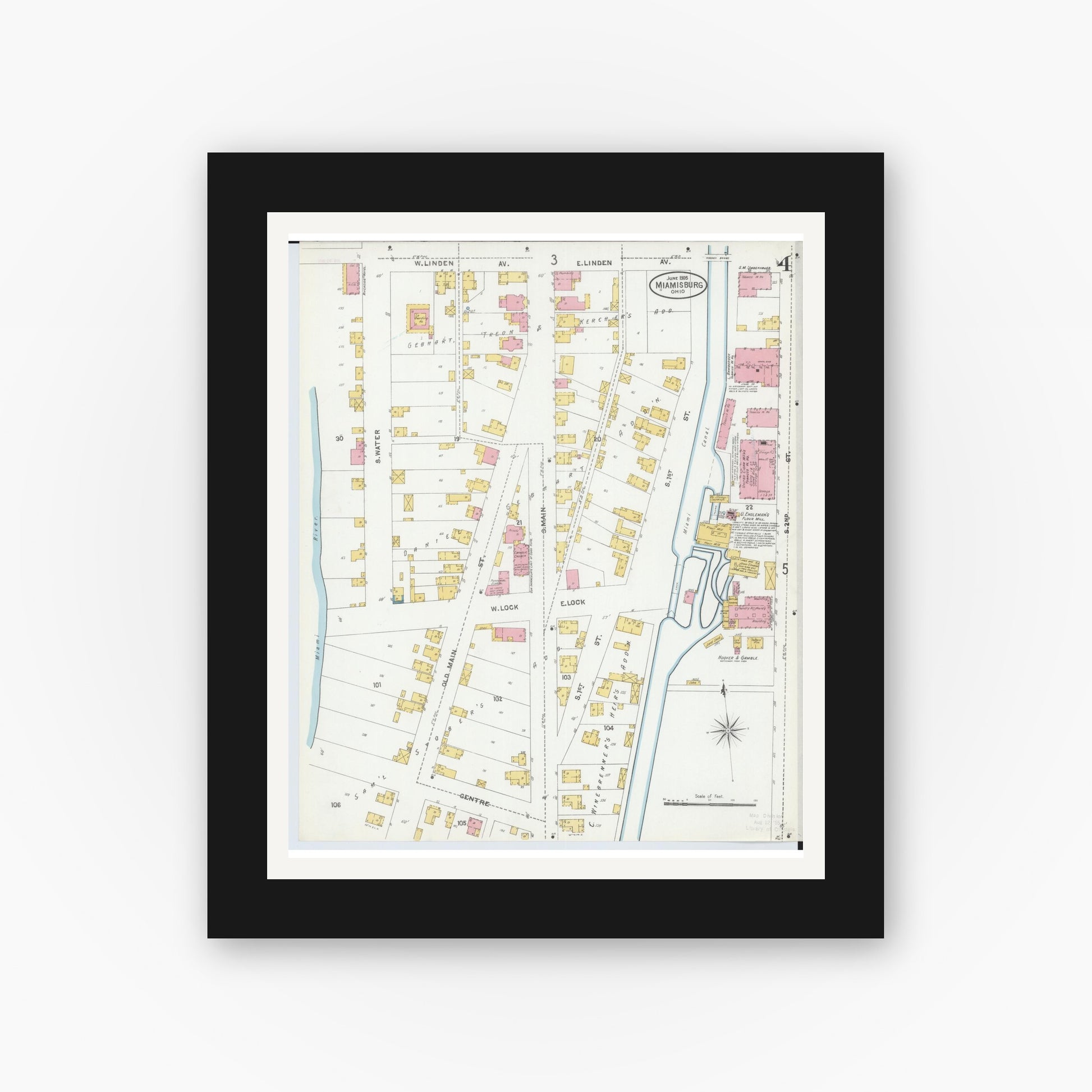 Old map wall art mockup — black gallery frame with white mat — Sanborn Fire Insurance Map from Miamisburg, Montgomery County, Ohio (1905), Sheet #0004