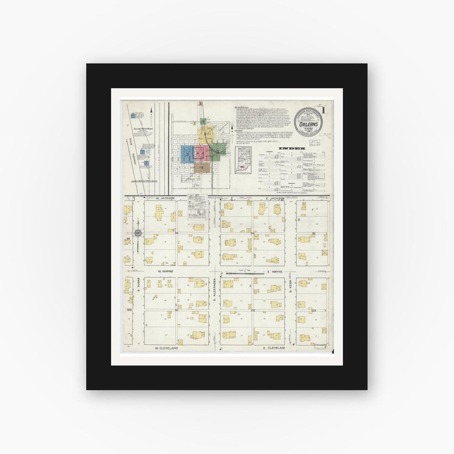 Old map wall art mockup — black gallery frame with white mat — Sanborn Fire Insurance Map from Orleans, Orange County, Indiana (1916), Sheet #0001