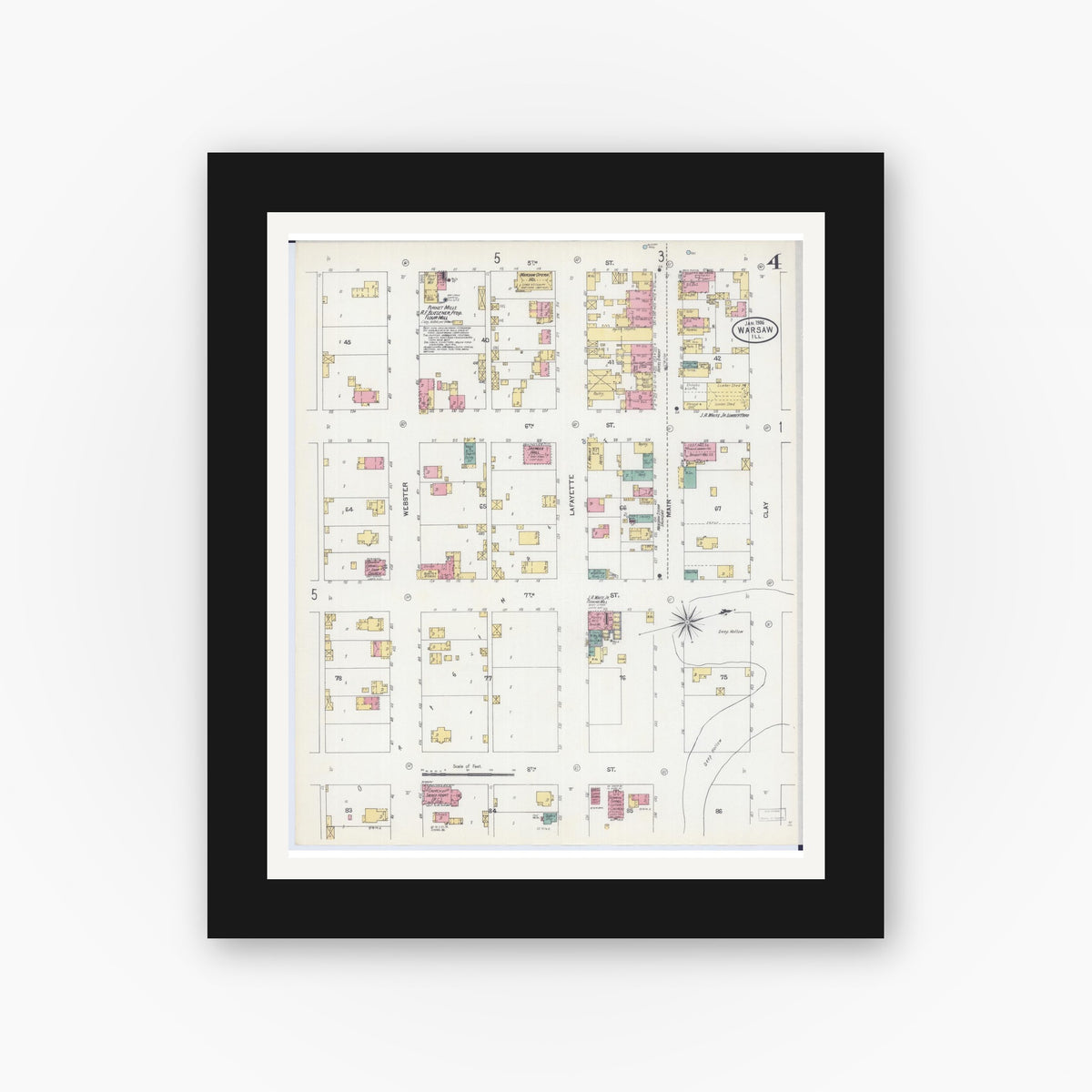 Old map wall art mockup — black gallery frame with white mat — Sanborn Fire Insurance Map from Warsaw, Hancock County, Illinois (1906), Sheet #0004