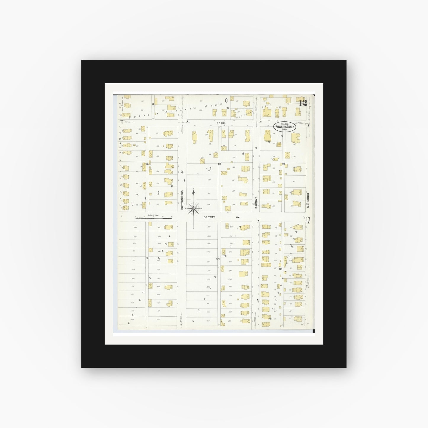Old map wall art mockup — black gallery frame with white mat — Sanborn Fire Insurance Map from Bowling Green, Wood County, Ohio (1908), Sheet #0012