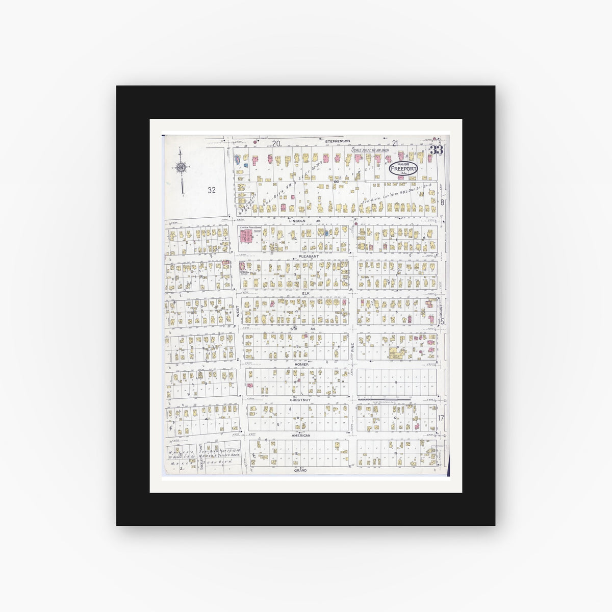 Old map wall art mockup — black gallery frame with white mat — Sanborn Fire Insurance Map from Freeport, Stephenson County, Illinois (1918), Sheet #0033