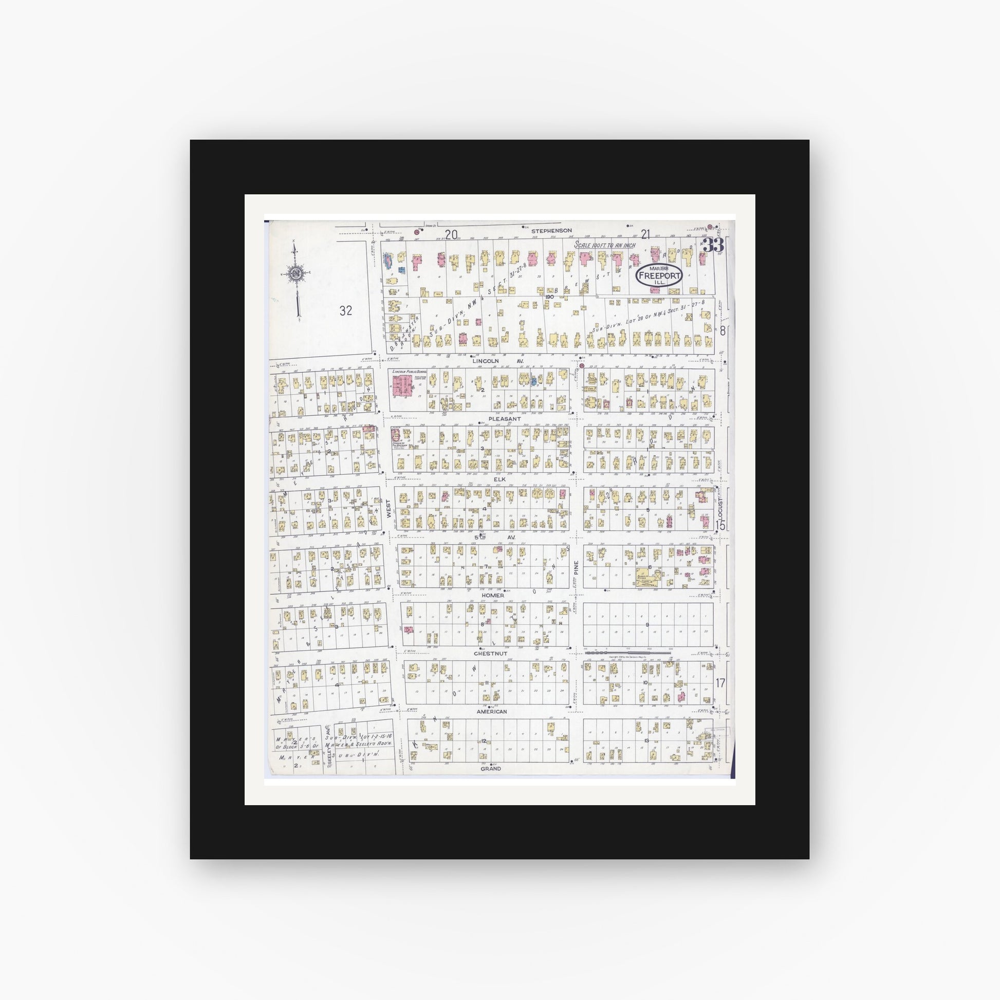 Old map wall art mockup — black gallery frame with white mat — Sanborn Fire Insurance Map from Freeport, Stephenson County, Illinois (1918), Sheet #0033