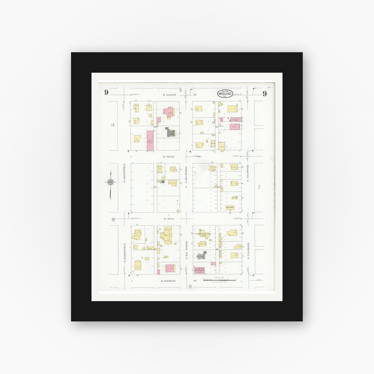 Old map wall art mockup — black gallery frame with white mat — Sanborn Fire Insurance Map from Midland, Midland County, Texas (1929), Sheet #0009