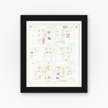 Old map wall art mockup — black gallery frame with white mat — Sanborn Fire Insurance Map from Midland, Midland County, Texas (1929), Sheet #0009