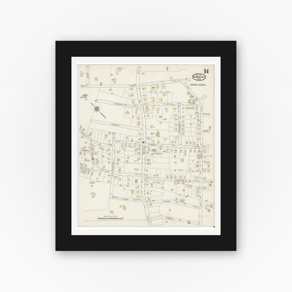Old map wall art mockup — black gallery frame with white mat — Sanborn Fire Insurance Map from Norwood, Norfolk County, Massachusetts (1915), Sheet #0014