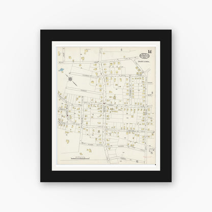 Old map wall art mockup — black gallery frame with white mat — Sanborn Fire Insurance Map from Norwood, Norfolk County, Massachusetts (1915), Sheet #0014