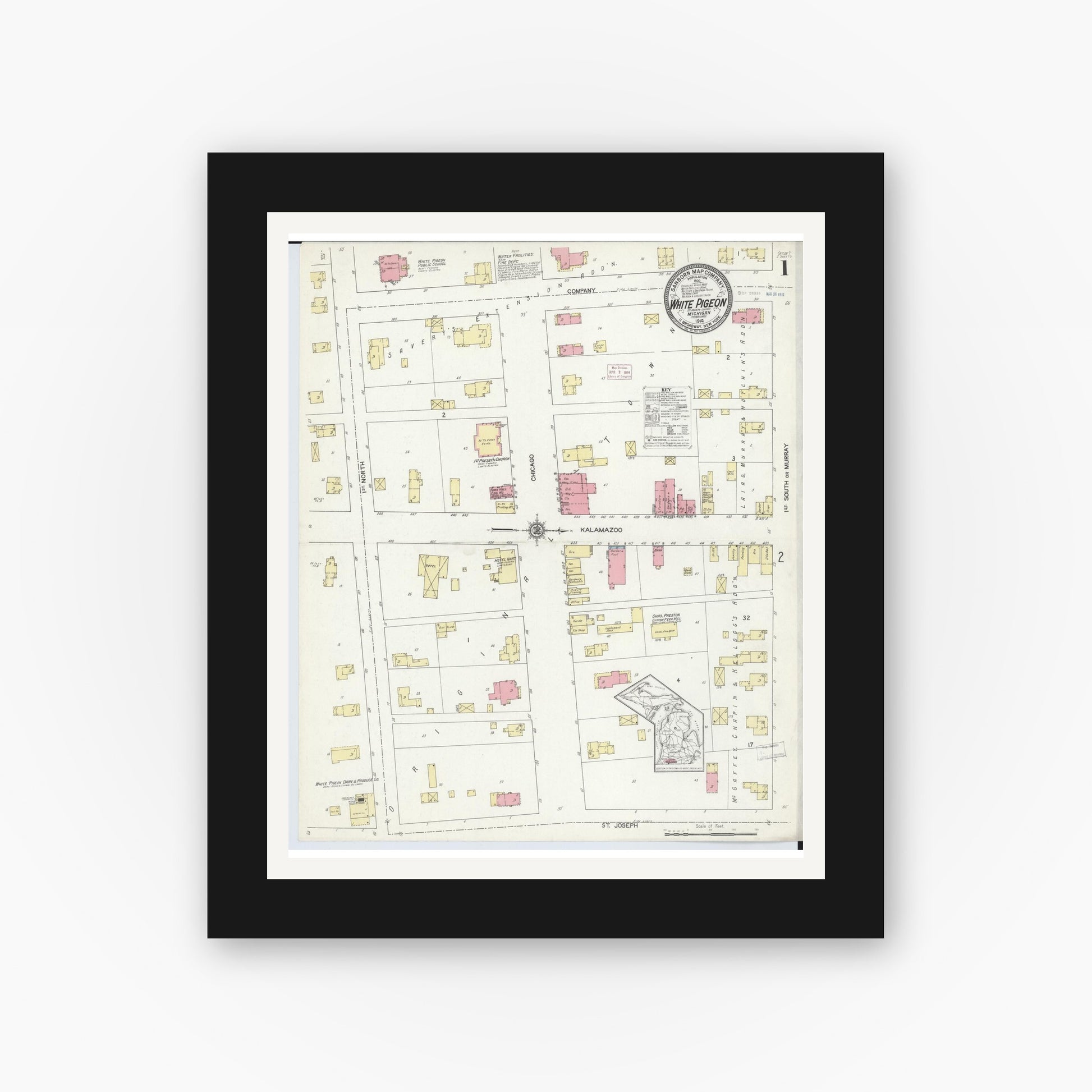 Old map wall art mockup — black gallery frame with white mat — Sanborn Fire Insurance Map from White Pigeon, Saint Joseph County, Michigan (1914), Sheet #0001