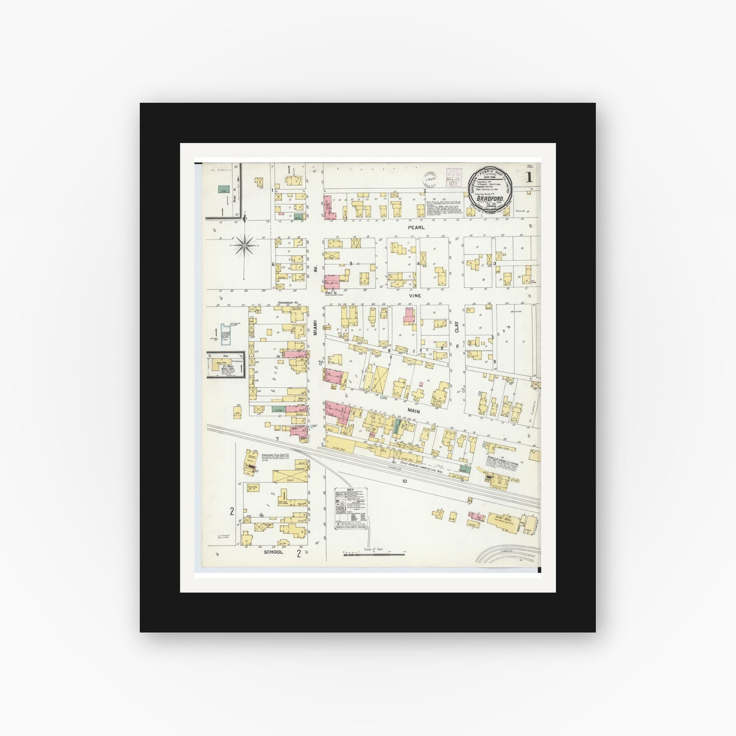 Old map wall art mockup — black gallery frame with white mat — Sanborn Fire Insurance Map from Bradford, Darke and Miami Counties, Ohio (1901), Sheet #0001