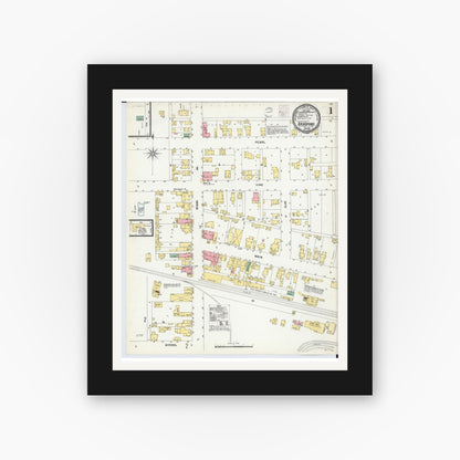 Old map wall art mockup — black gallery frame with white mat — Sanborn Fire Insurance Map from Bradford, Darke and Miami Counties, Ohio (1901), Sheet #0001