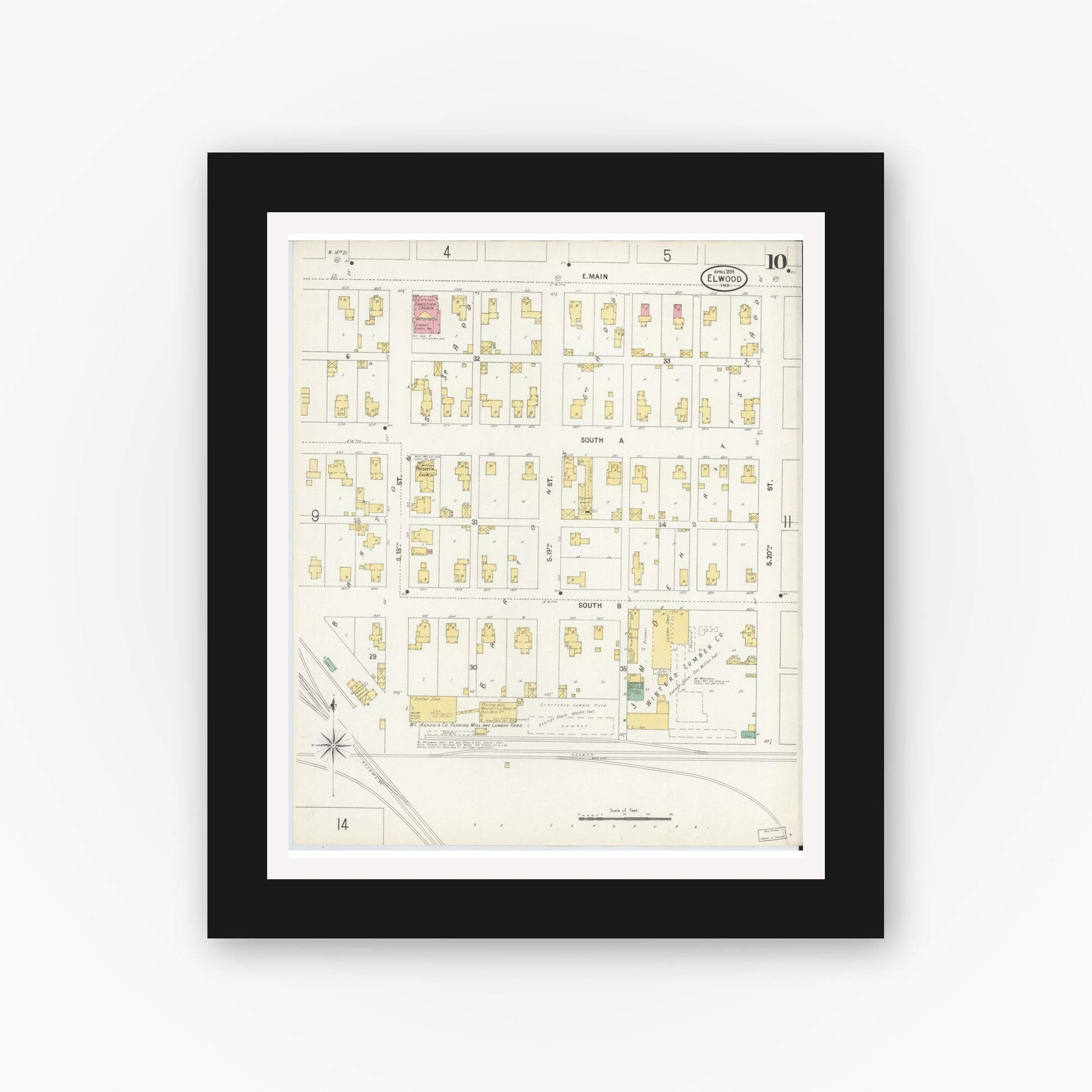 Old map wall art mockup — black gallery frame with white mat — Sanborn Fire Insurance Map from Elwood, Madison County, Indiana (1899), Sheet #0010
