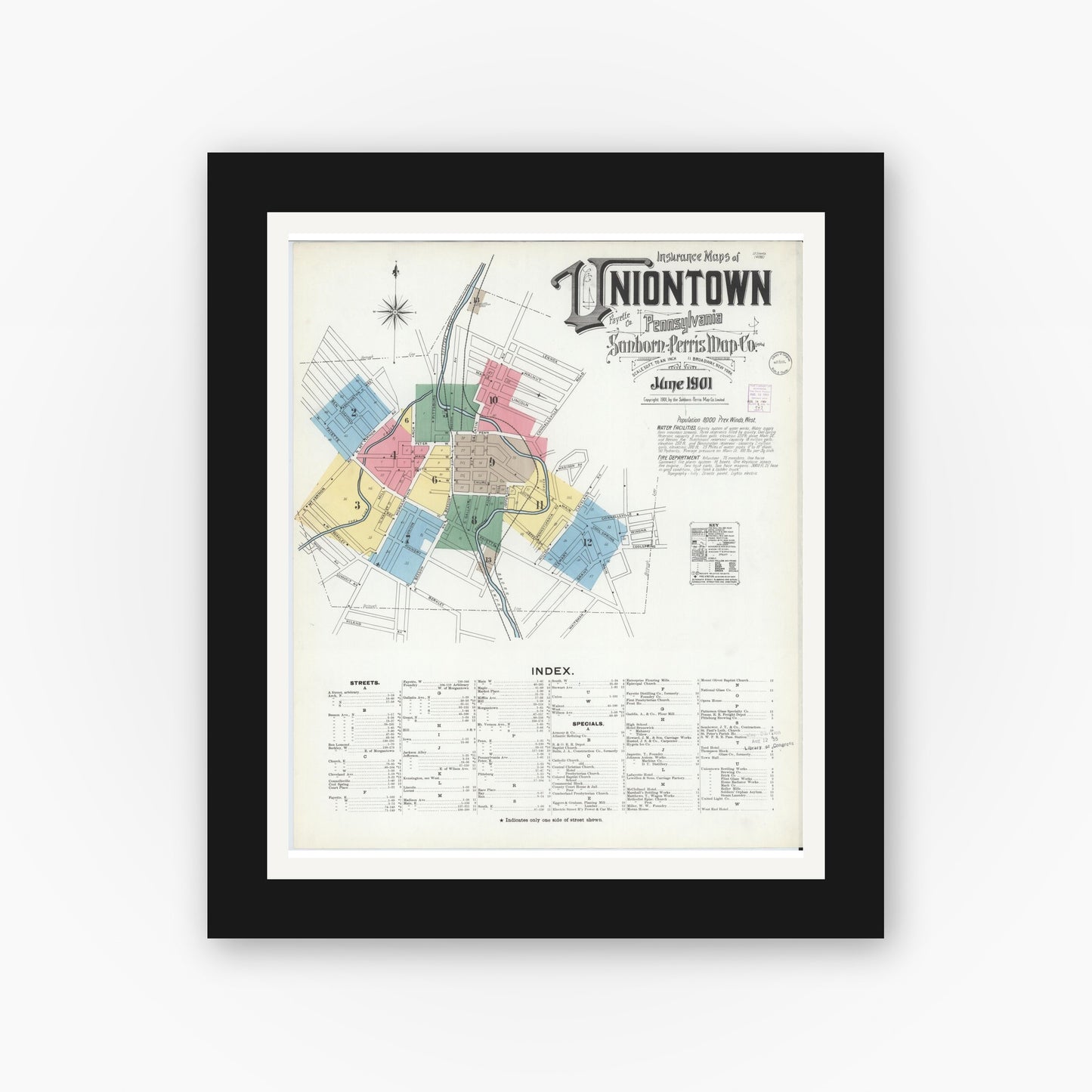 Old map wall art mockup — black gallery frame with white mat — Sanborn Fire Insurance Map from Uniontown, Fayette County, Pennsylvania (1901), Sheet #0001