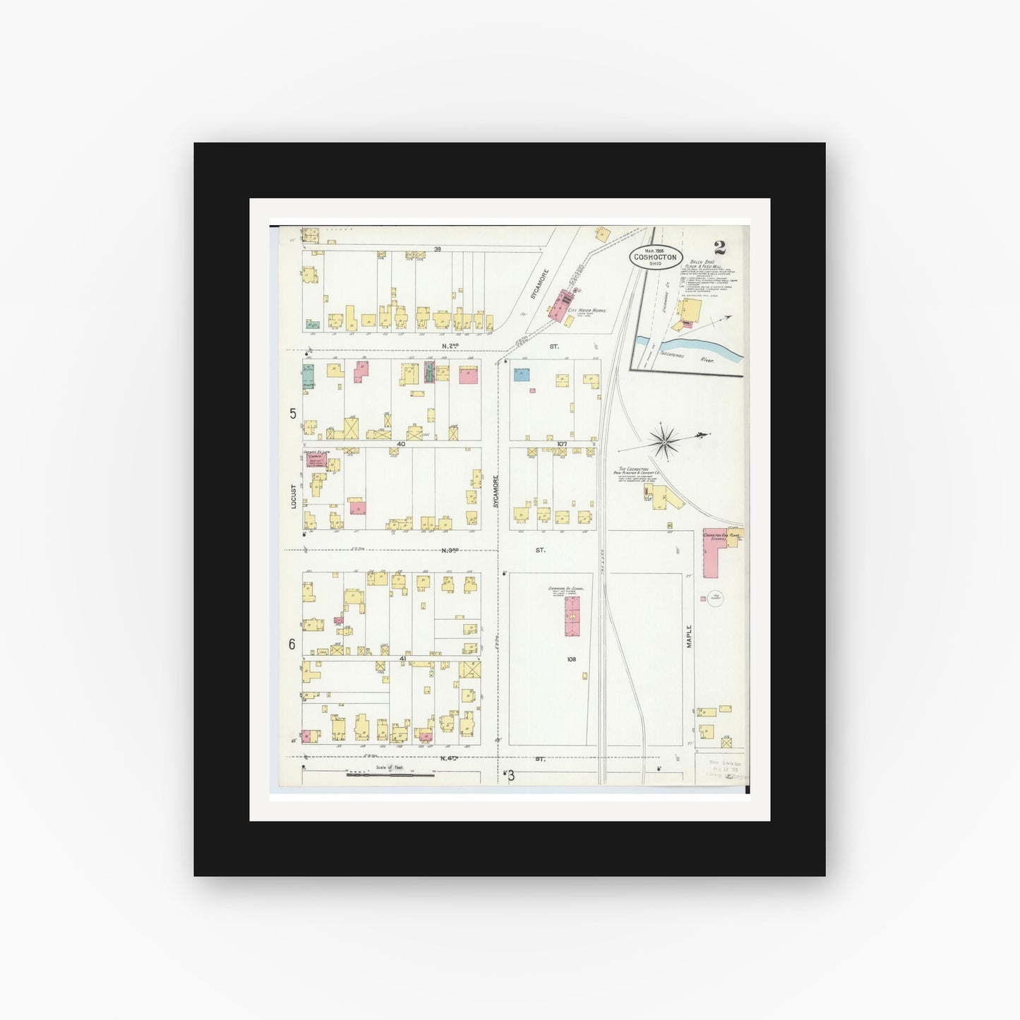 Old map wall art mockup — black gallery frame with white mat — Sanborn Fire Insurance Map from Coshocton, Coshocton County, Ohio (1905), Sheet #0002