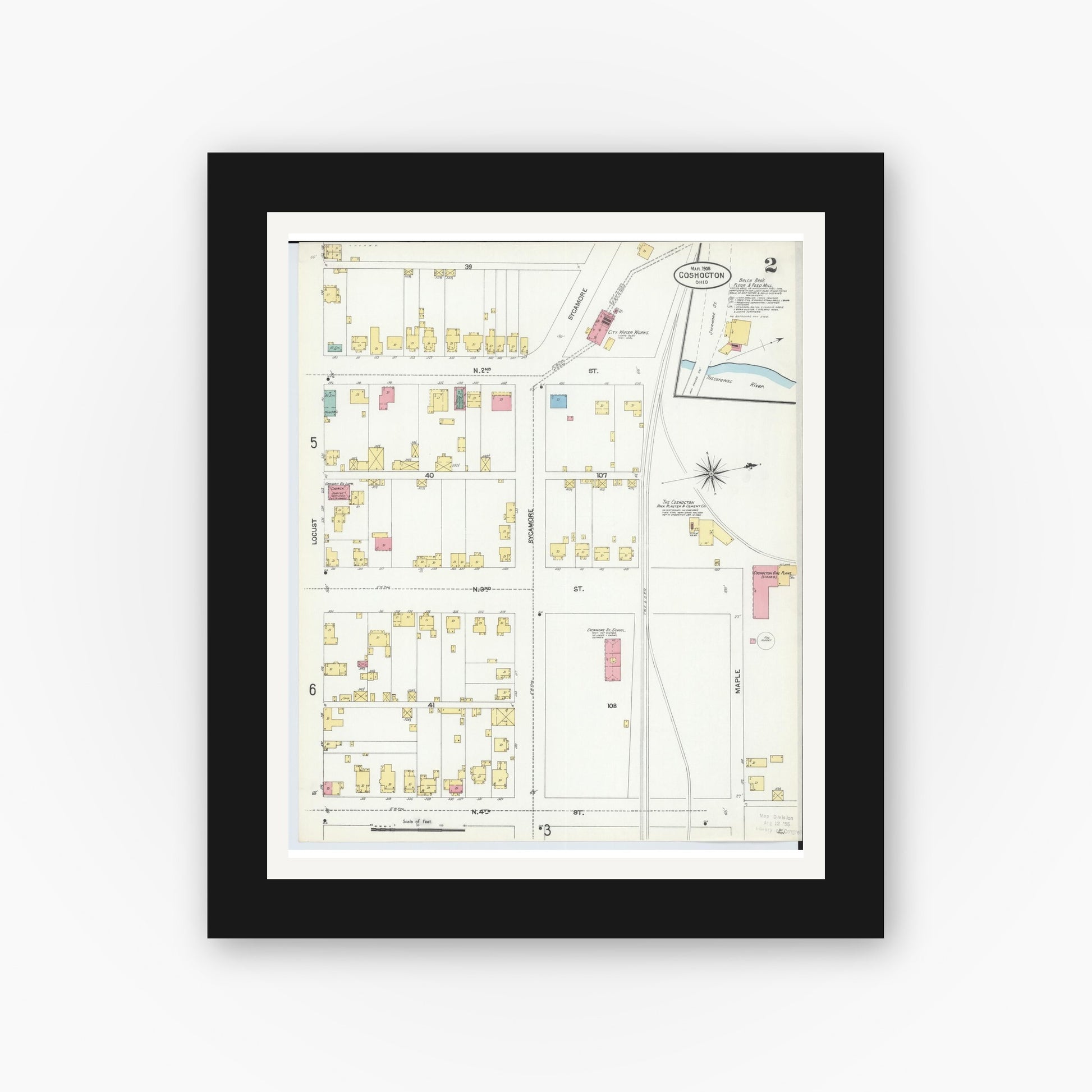 Old map wall art mockup — black gallery frame with white mat — Sanborn Fire Insurance Map from Coshocton, Coshocton County, Ohio (1905), Sheet #0002